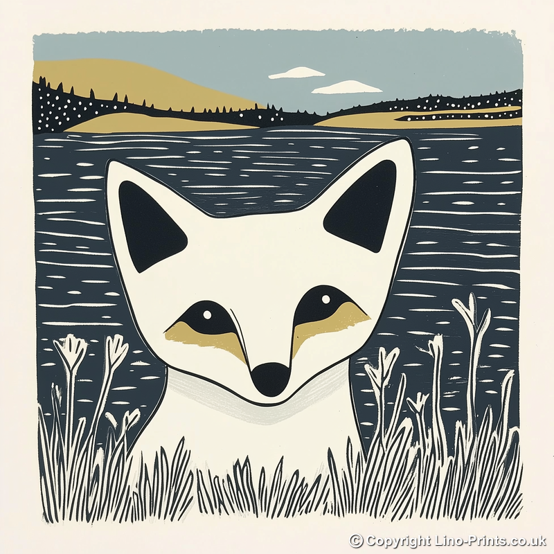 Cute Arctic Fox Pup Linoprint-Style Art (1189-1)