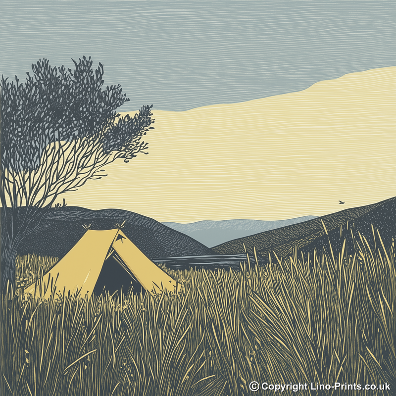 Wild campers tent at dawn silhouette Linoprint-Style Art (2602-2)