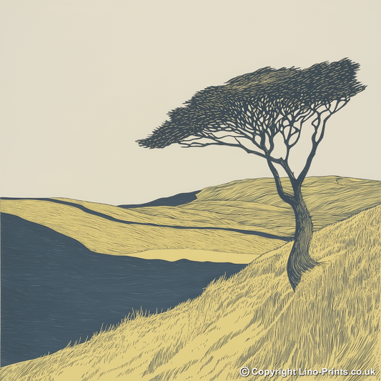 Lone windswept Hawthorn tree Linoprint-Style Art (2479-2)