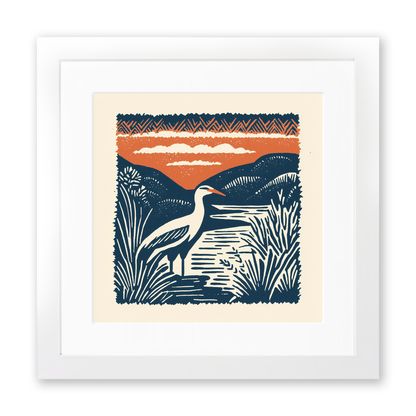Heron in marshland Linoprint-Style Art (95-2)