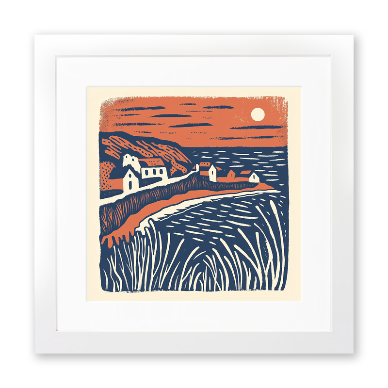 Bigbury-on-Sea and Burgh Island, Devon Linoprint-Style Art (125-1)