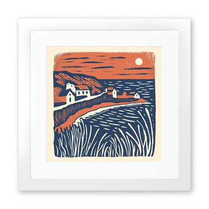 Bigbury-on-Sea and Burgh Island, Devon Linoprint-Style Art (125-1)