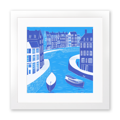 Amsterdam canal at twilight Linoprint-Style Art (836-1)