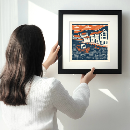 Anstruther Harbour, Fife Linoprint-Style Art (121-1)