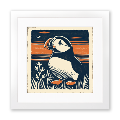 Cute Puffin/Puffling   Linoprint-Style Art (73-1)