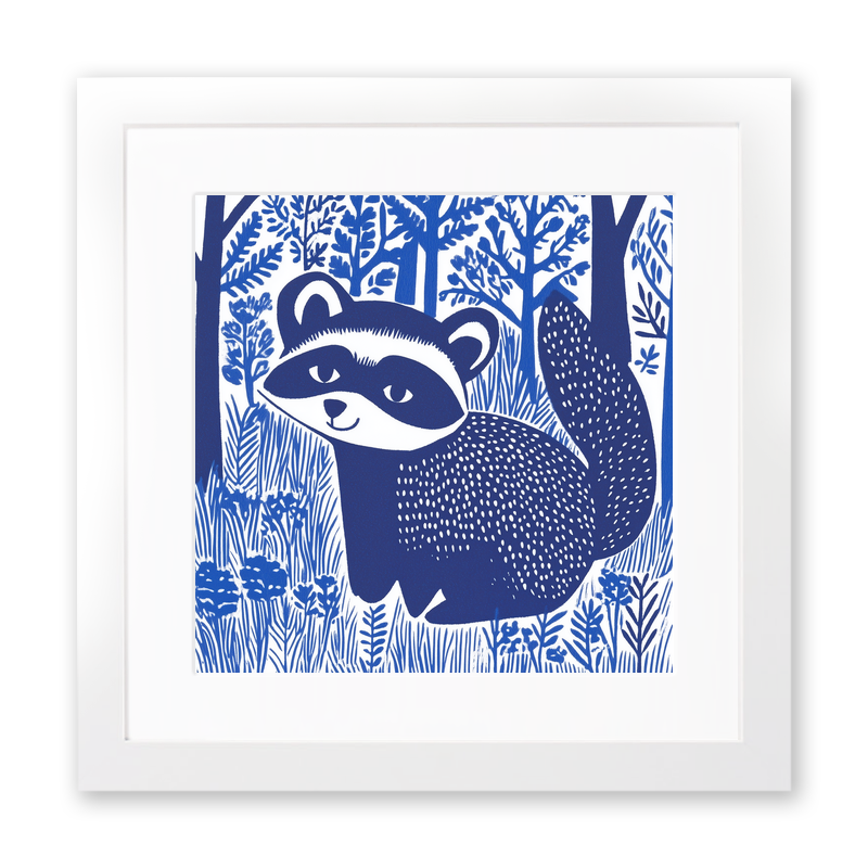 Cute Raccoon Kit Linoprint-Style Art (931-1)