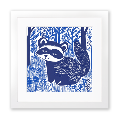 Cute Raccoon Kit Linoprint-Style Art (931-1)