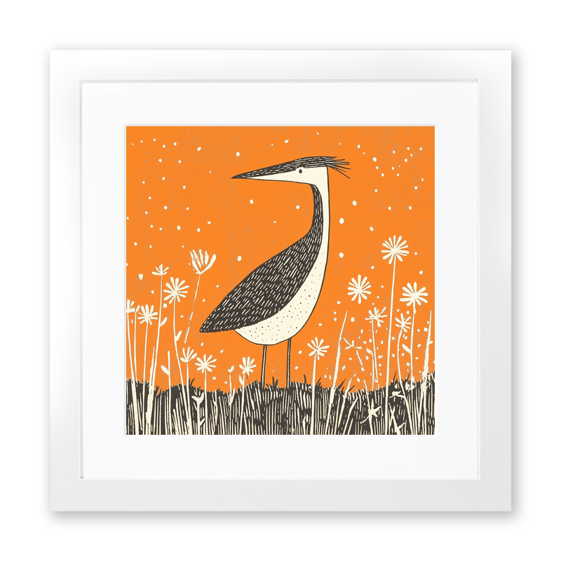 Heron in marshland Linoprint-Style Art (257-1)