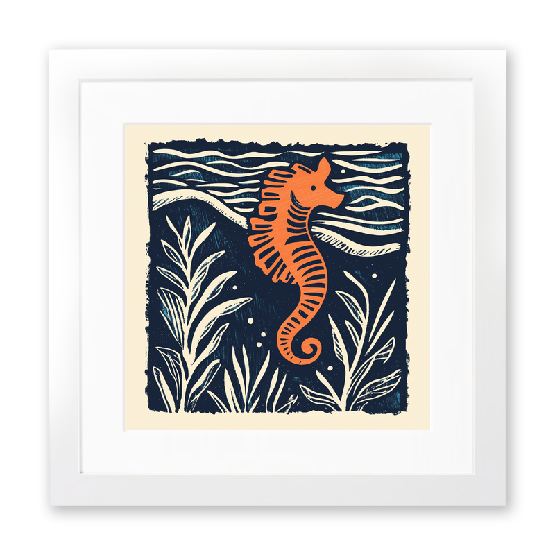 Seahorse in seaweed Linoprint-Style Art (109-2)