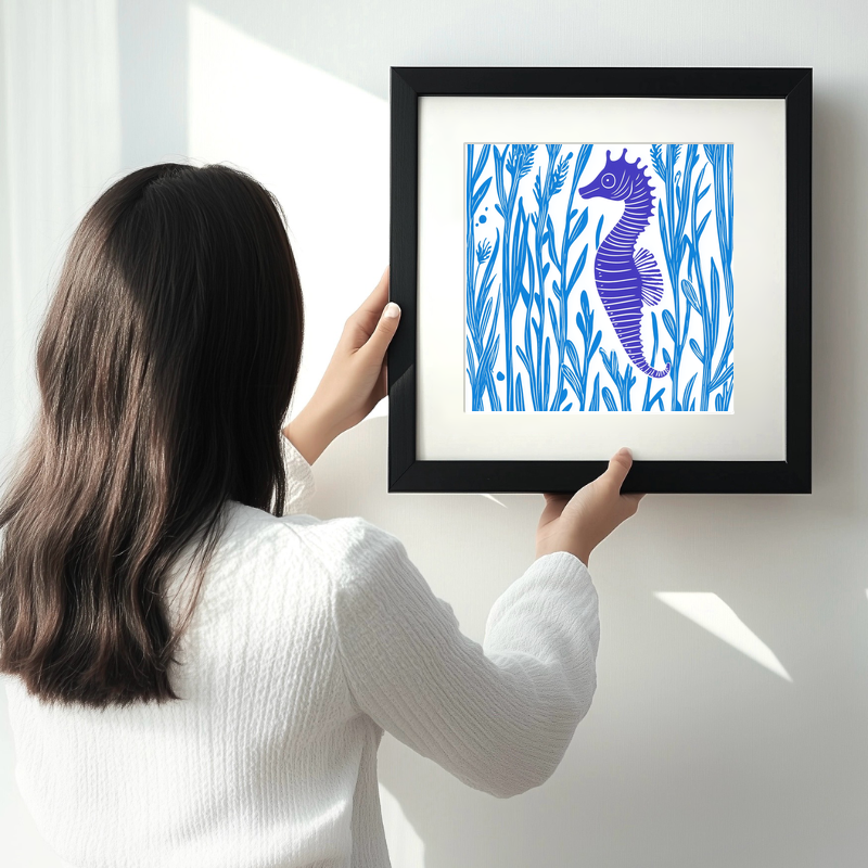 Seahorse in seaweed Linoprint-Style Art (1023-2)