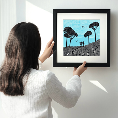 Coastal path walkers with backpacks Linoprint-Style Art (2271-1)