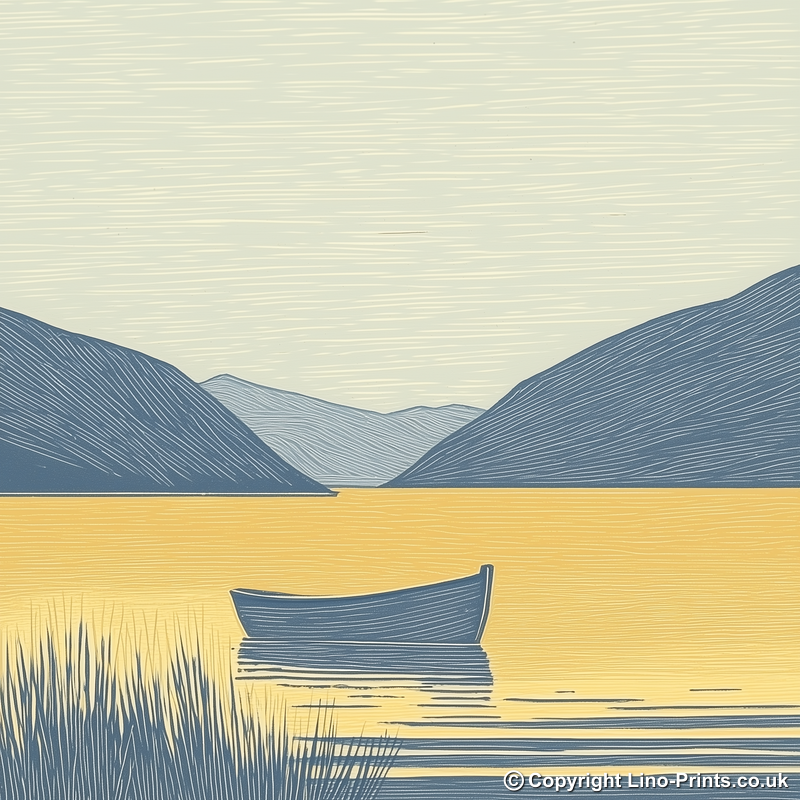 Rowing boat silhouette on calm lake Linoprint-Style Art (2523-2)
