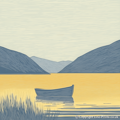 Rowing boat silhouette on calm lake Linoprint-Style Art (2523-2)
