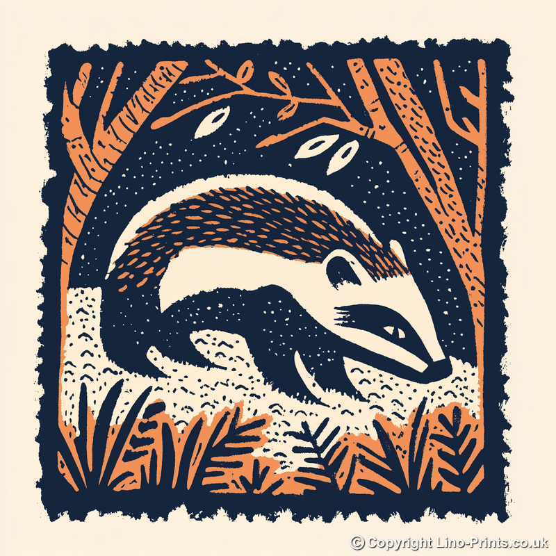Badger emerging from sett Linoprint-Style Art (83-2)