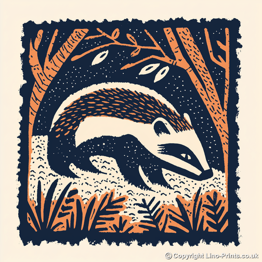 Badger emerging from sett Linoprint-Style Art (83-2)