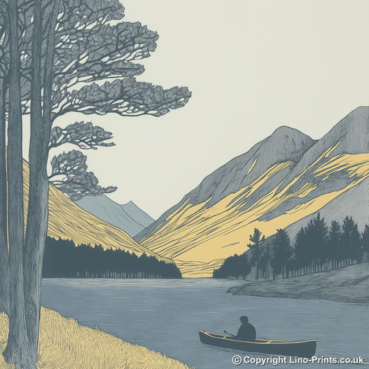 Kayaker near Buttermere pines Linoprint-Style Art (2467-1)