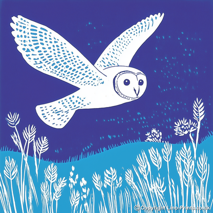 Barn owl in flight Linoprint-Style Art (998-1)