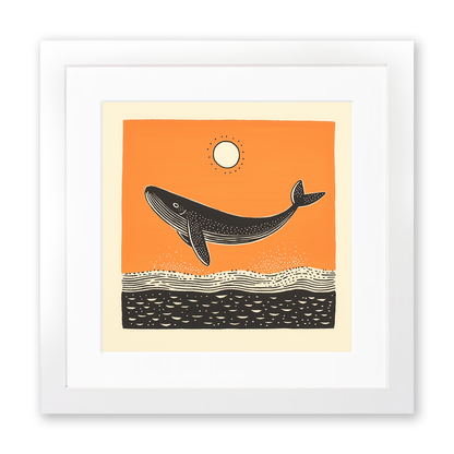 Whale breaching the surface Linoprint-Style Art (278-1)