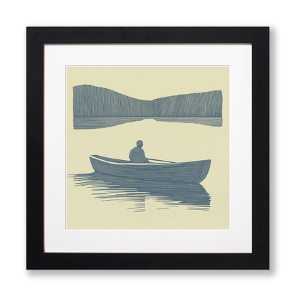 Person rowing boat with reflections Linoprint-Style Art (2498-4)