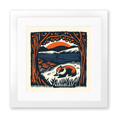 Cute Baby Badger Linoprint-Style Art (43-4)
