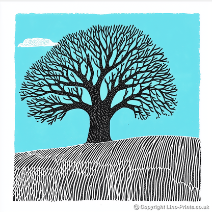 Ancient oak in a Norfolk field Linoprint-Style Art (2255-1)
