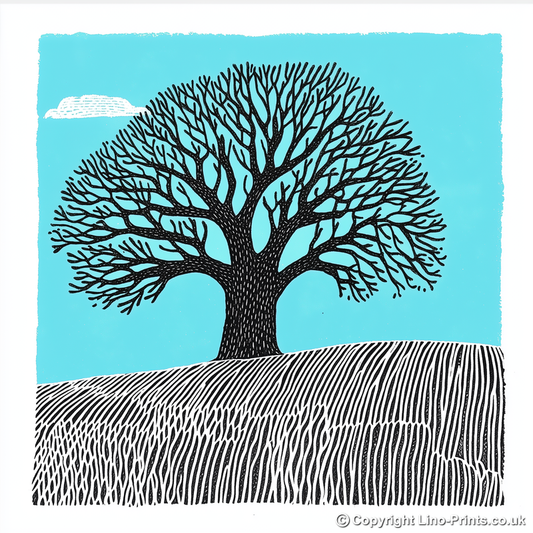 Ancient oak in a Norfolk field Linoprint-Style Art (2255-1)