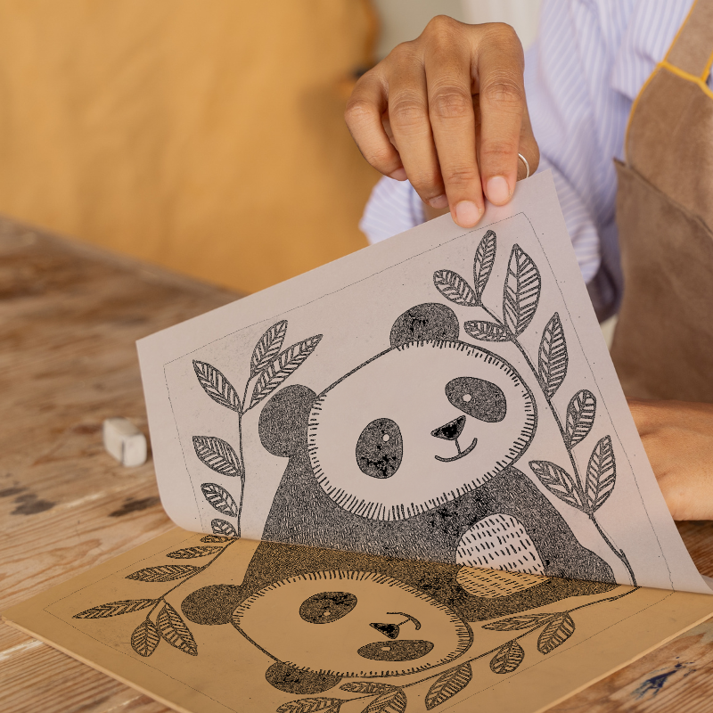 Cute Panda Cub (Giant Panda) Linoprint-Style Art (635-1)