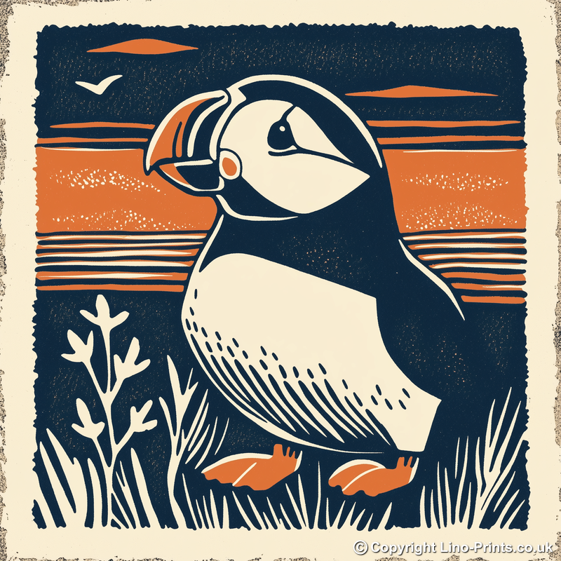 Cute Puffin/Puffling   Linoprint-Style Art (73-1)