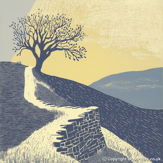Dry stone wall silhouette along a skyline Linoprint-Style Art (2410-1)