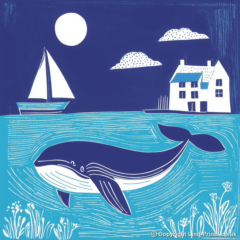 Whale Linoprint-Style Art (1072-1)