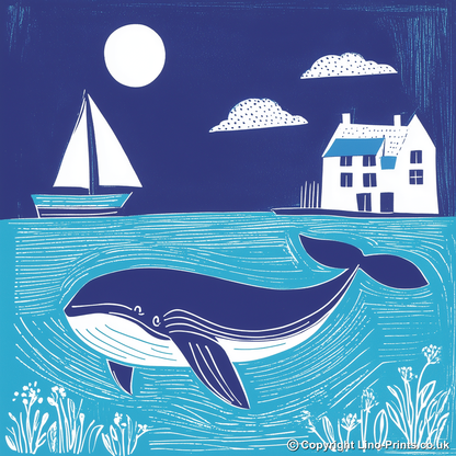 Whale Linoprint-Style Art (1072-1)