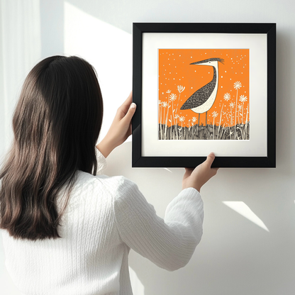 Heron in marshland Linoprint-Style Art (257-1)