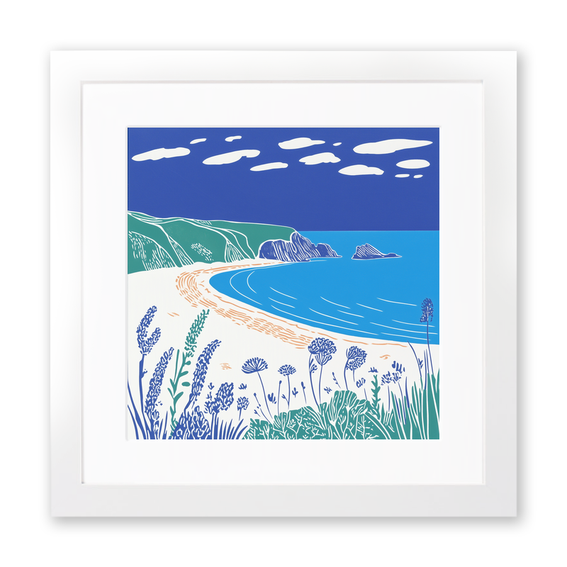 Porthcurno Beach Linoprint-Style Art (895-3)