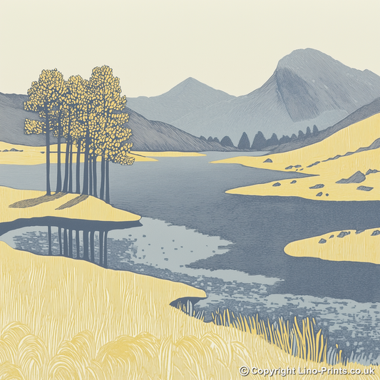 Buttermere lone pines in the Lake District Linoprint-Style Art (2378-3)