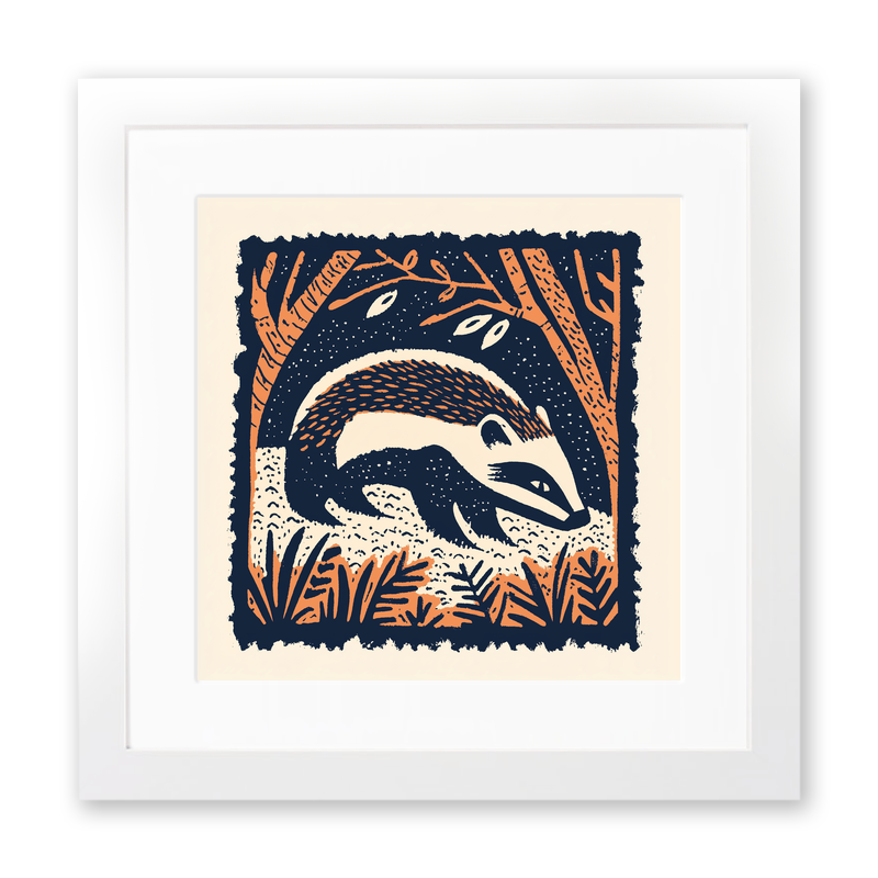 Badger emerging from sett Linoprint-Style Art (83-2)