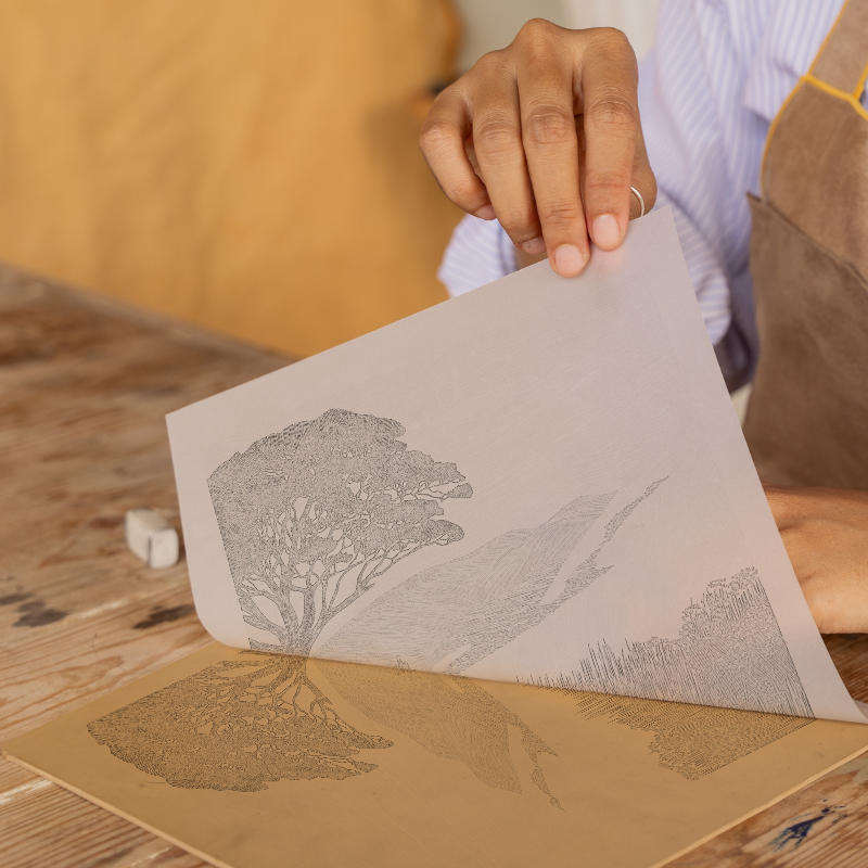 Wall silhouette leading towards a silhouetted tree Linoprint-Style Art (2593-4)