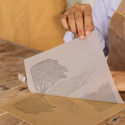 Wall silhouette leading towards a silhouetted tree Linoprint-Style Art (2593-4)