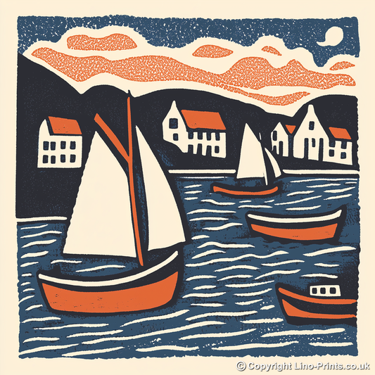 Wells-next-the-Sea harbour boats Linoprint-Style Art (2046-1)