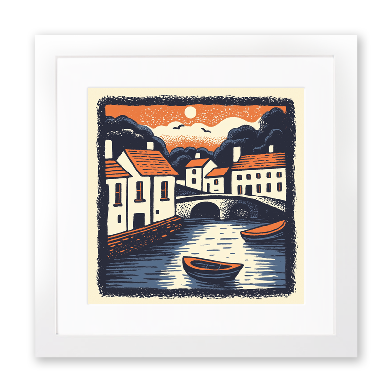 Cambridge punts and bridges Linoprint-Style Art (6-1)