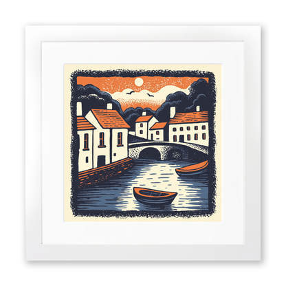 Cambridge punts and bridges Linoprint-Style Art (6-1)