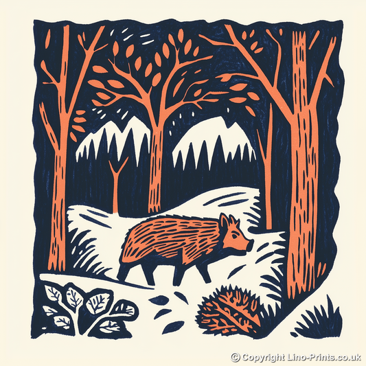 Wild boar in forest Linoprint-Style Art (117-3)