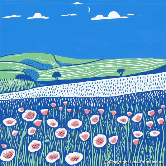 Field of poppies near Snettisham Linoprint-Style Art (1784-2)