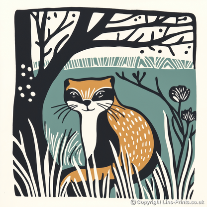 Cute Ferret   Linoprint-Style Art (1203-2)