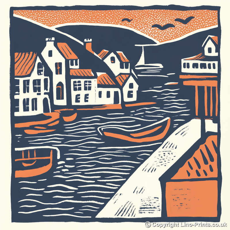 Looe Harbour, Cornwall Linoprint-Style Art (138-3)