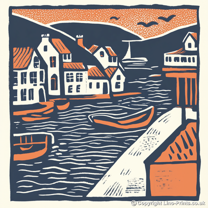 Looe Harbour, Cornwall Linoprint-Style Art (138-3)