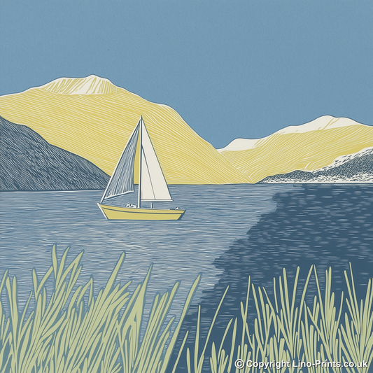 Sailboat with fells behind Linoprint-Style Art (2527-1)