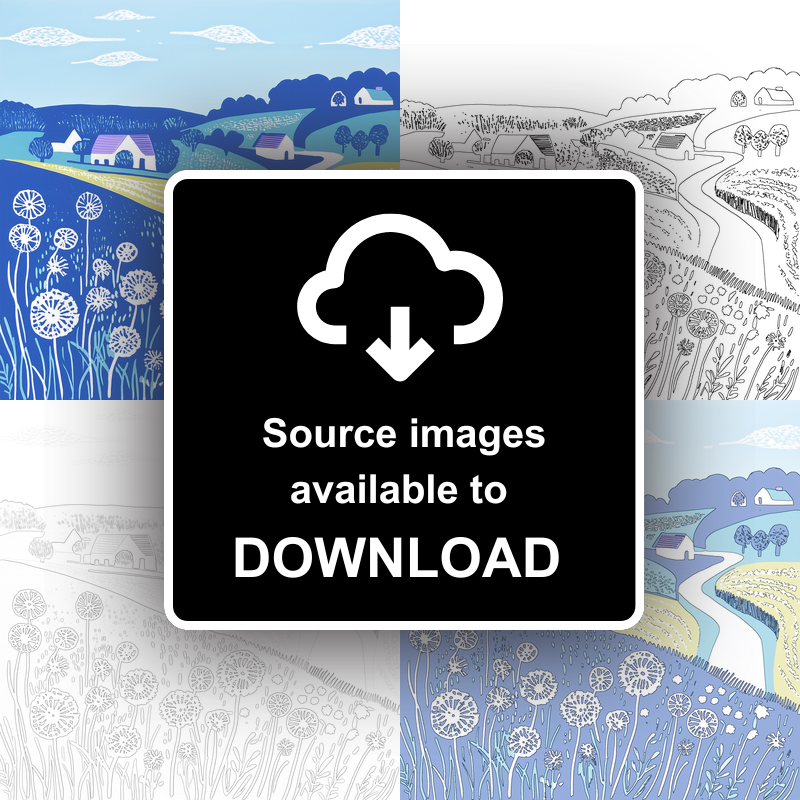 Dandelions by roadside verge Linoprint-Style Art (1779-1)