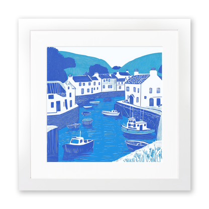 Polperro Harbour, Cornwall Linoprint-Style Art (1098-1)