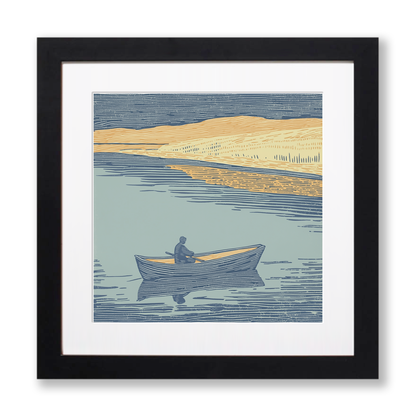 Person rowing boat with reflections Linoprint-Style Art (2498-1)