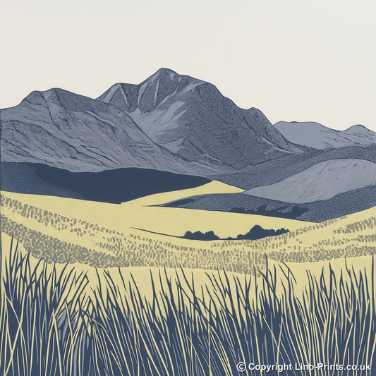 The Langdale Pikes silhouette in the Lake District Linoprint-Style Art (2579-1)
